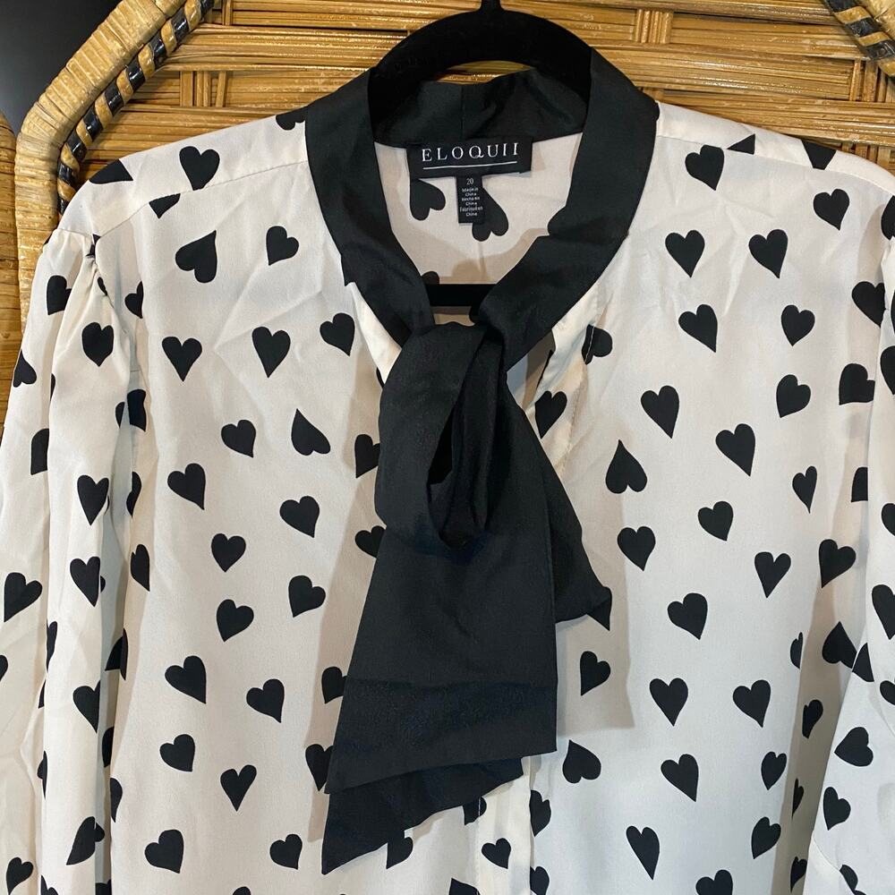 Eloquii Black Heart Print Tie Neck Blouse Size 20 Plus Romantic Chic feminine - Picture 3 of 7